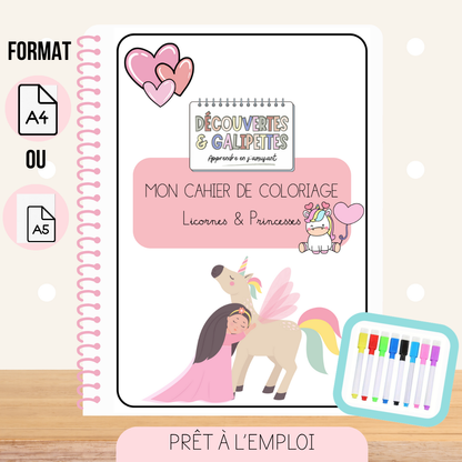 Cahier de coloriage réutilisable – Licornes & Princesses
