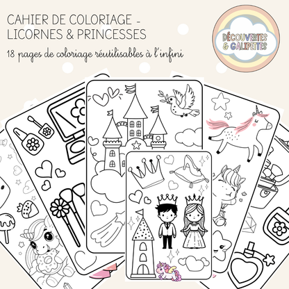 Cahier de coloriage réutilisable – Licornes & Princesses